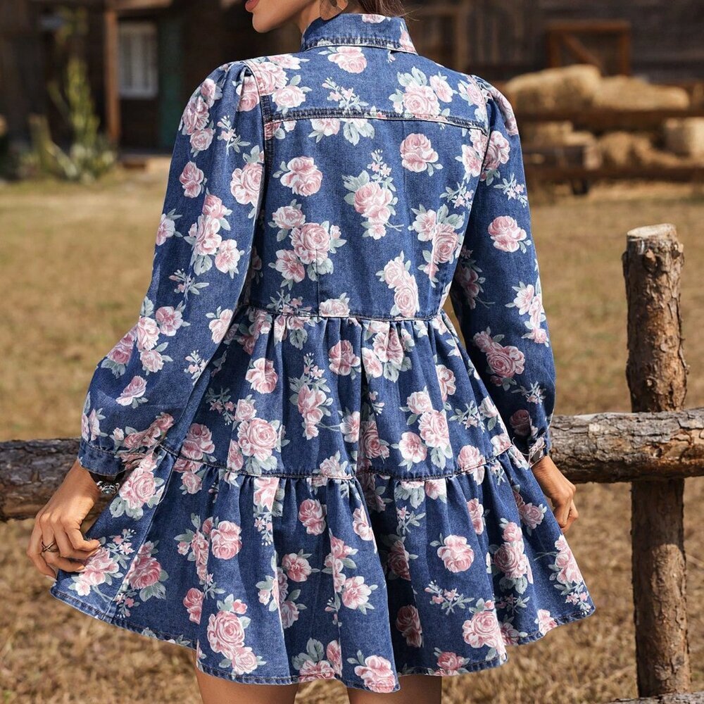 Light Wash Boho Women's Floral Print Single-Breasted Ruffle Casual Denim Dress - Picture 2 of 6